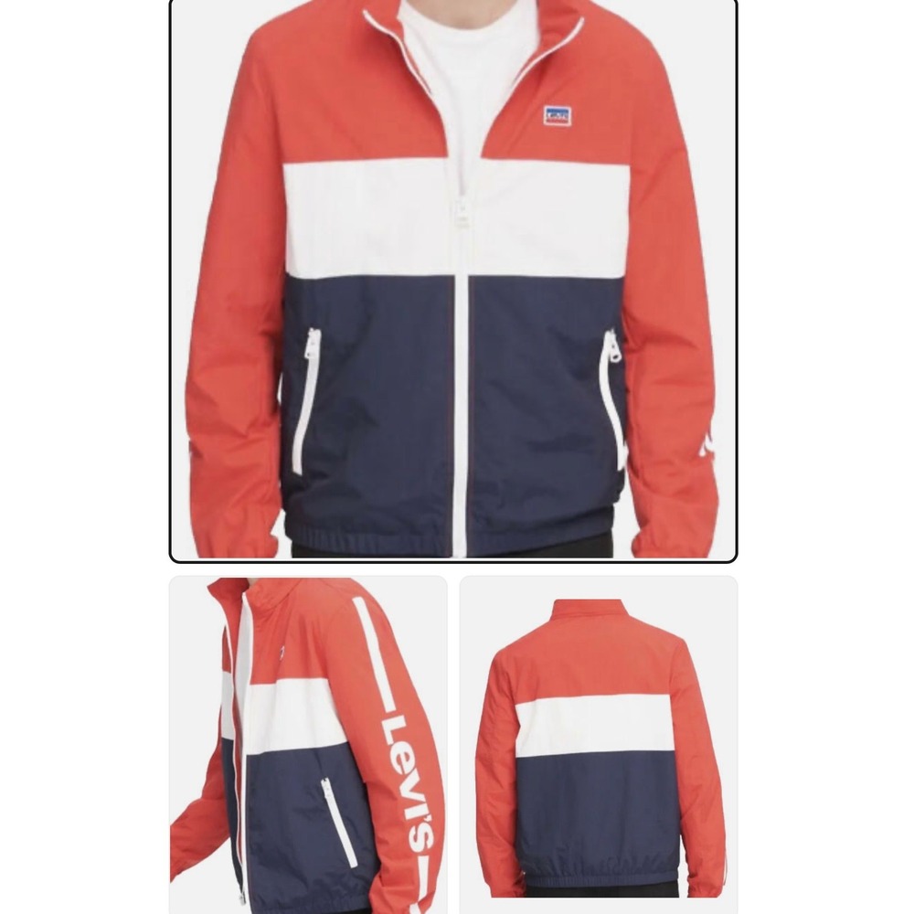 Levis Mens Colorblock Windbreaker Jacket Red White Blue Logo Full Zip Large